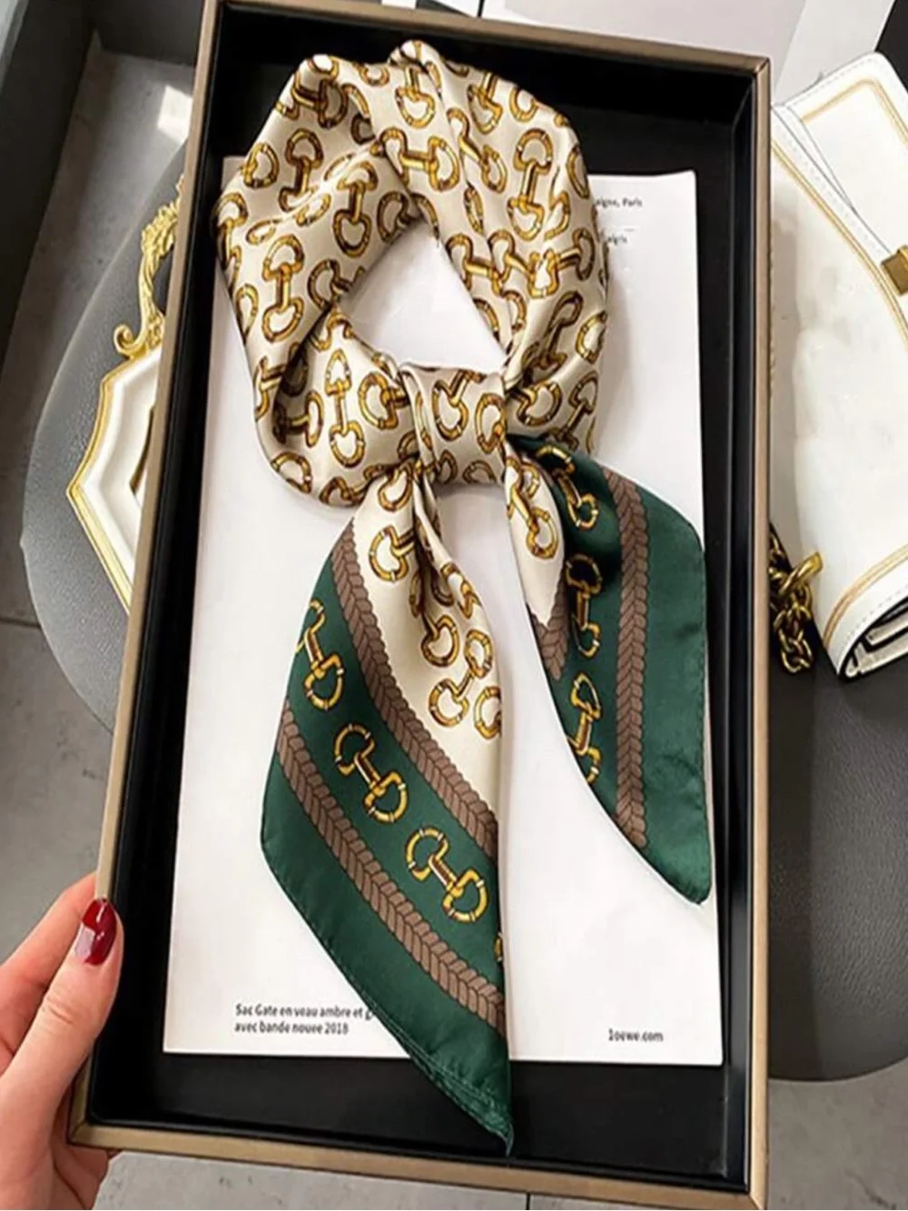 Silk Chain-Print Neck Scarf in Green & Cream